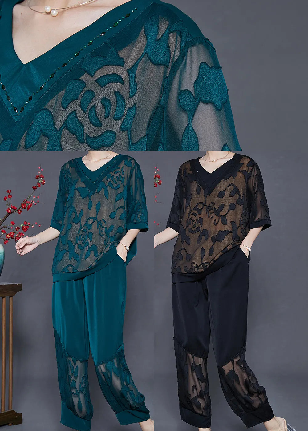 Dull Green Oversized Patchwork Silk Two Piece Set Summer