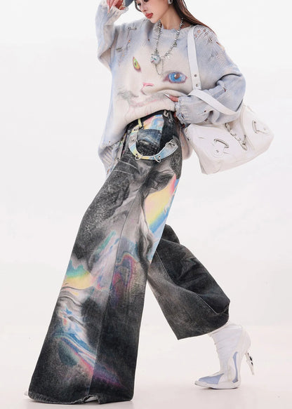 Black Oversized Tie Dye Denim Wide Leg Pants Fall