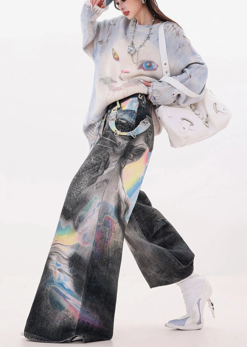 Black Oversized Tie Dye Denim Wide Leg Pants Fall