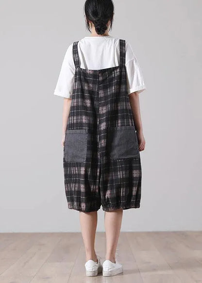 Black Plaid Jeans Jumpsuit Shorts Cotton