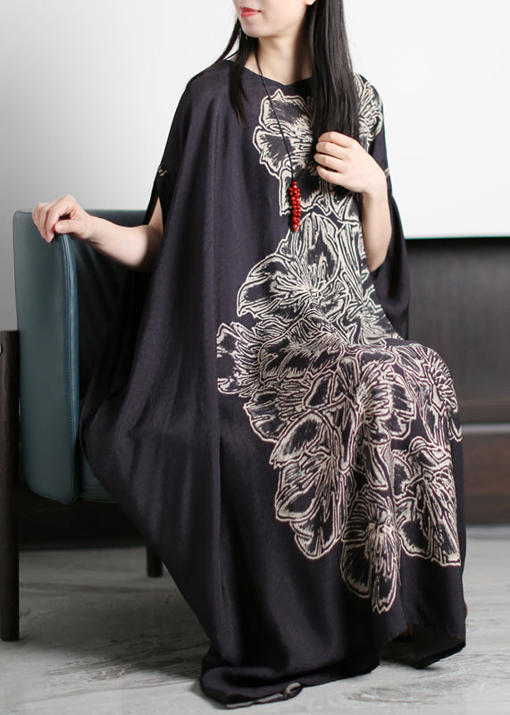 Original Design Black O-neck Print Silk Maxi Dress Batwing Sleeve