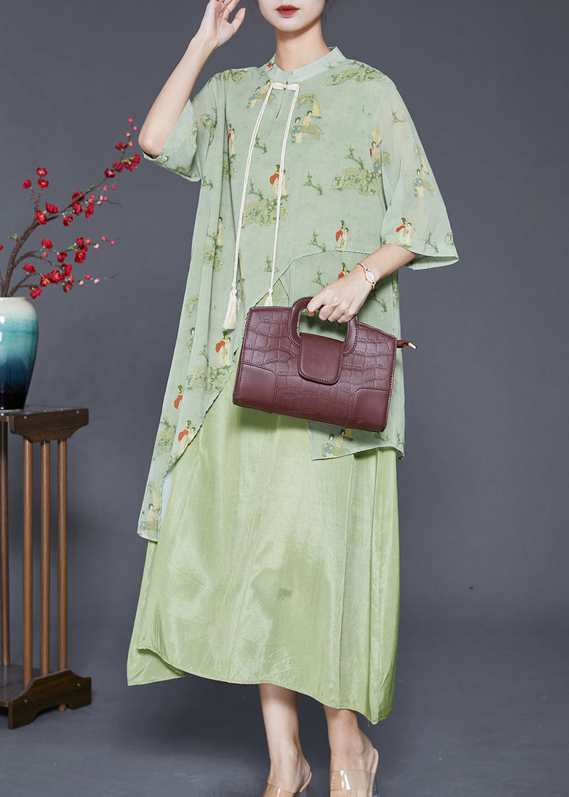 Green Tasseled Print Silk Long Dresses Summer