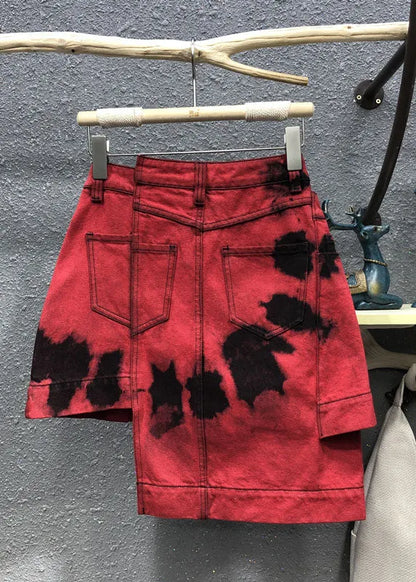 Red High Waist Patchwork Button Asymmetrical Denim Skirt Summer