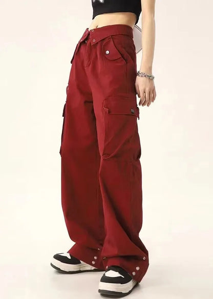 Stylish Red Pockets High Waist Denim Pants Spring