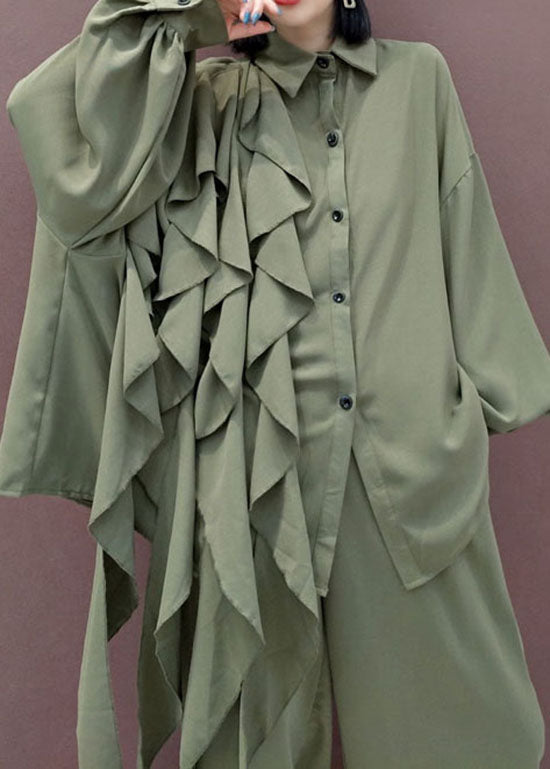 Modern Green Peter Pan Collar Asymmetrical Design Two Piece Set Spring