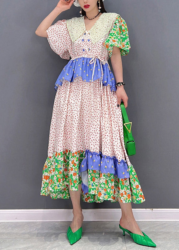 Peter Pan Collar Print Button Ruffles Tie Waist Dresses Short Sleeve