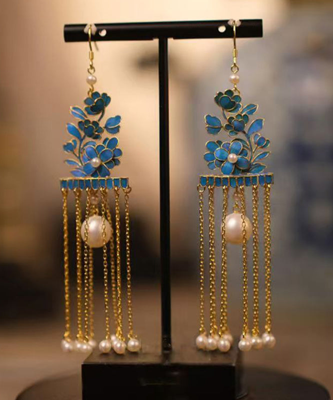Gold Sterling Silver Overgild Enamel Pearl Tassel Drop Earrings
