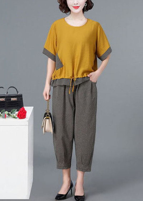 Yellow O-neck Plaid Linen Tops and Crop Harem Pants Two Pieces Set Short Sleeve