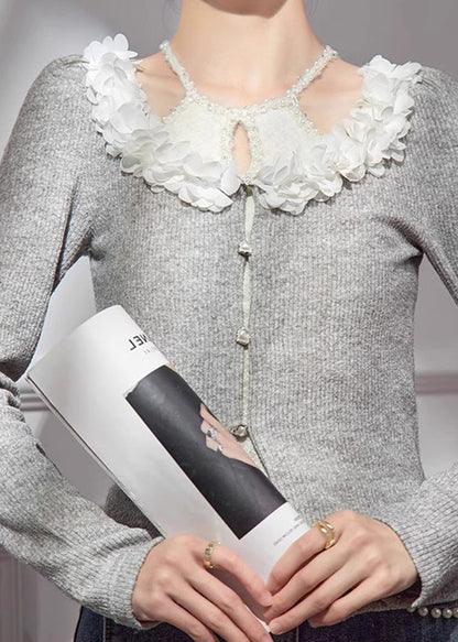 Grey V Neck Cotton Knit Cardigans Fall