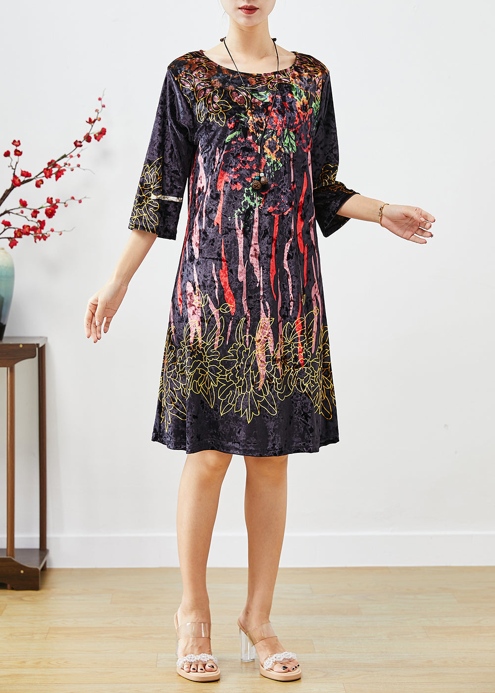 Black Print Silk Velour Maxi Dresses Half Sleeve