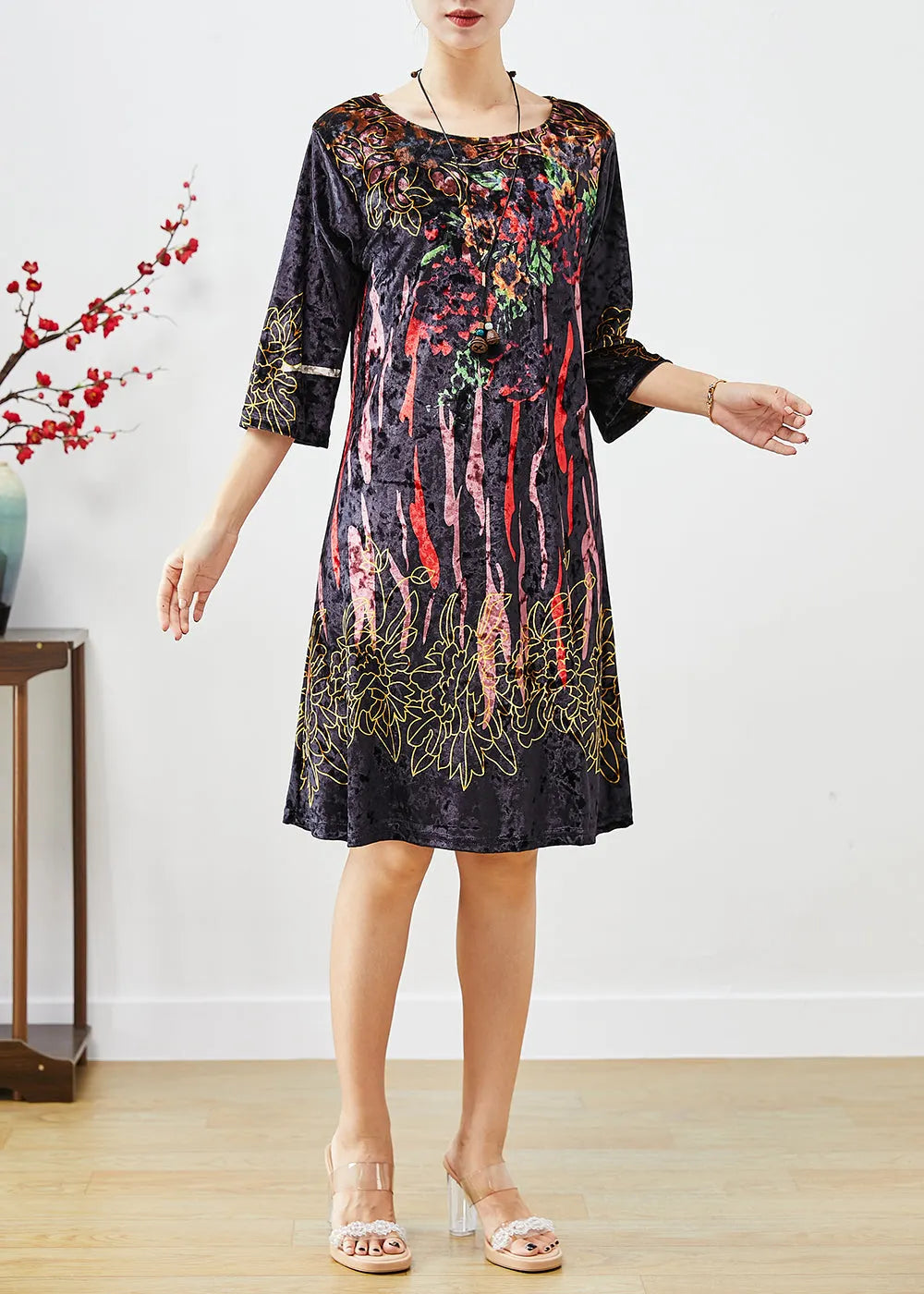 Black Print Silk Velour Maxi Dresses Half Sleeve