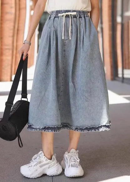 Light Blue Ruffled Elastic Waist Denim Skirt Summer