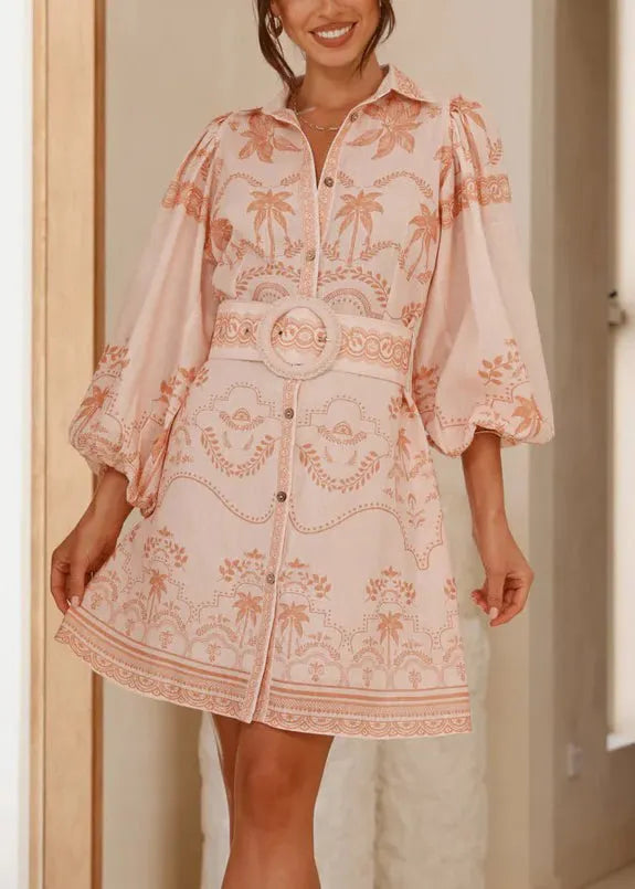 Classy Pink Peter Pan Collar Print Sashes Linen Shirts Dress Spring