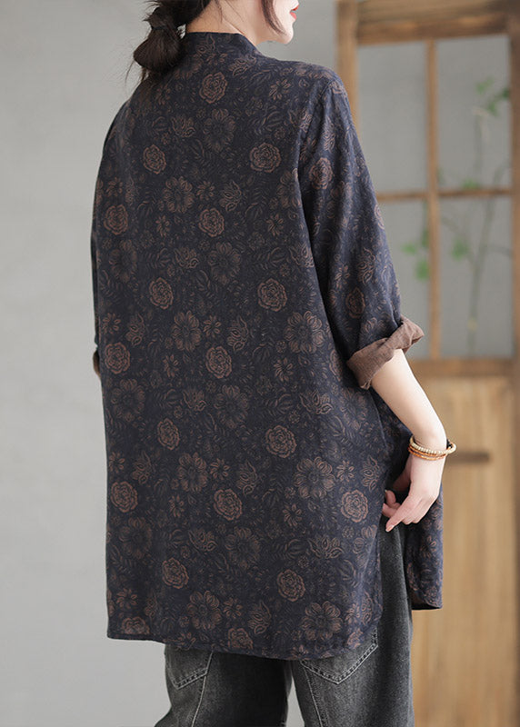 Coffee Stand Collar Print Button Linen Coat Long Sleeve