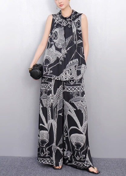 Vogue Black Print Top and Wide Leg Pants Two Pieces Set Summer