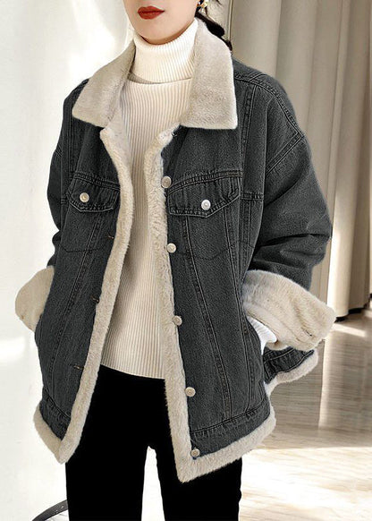 Light Blue Peter Pan Collar Pockets Warm Fleece Denim Coats Long Sleeve