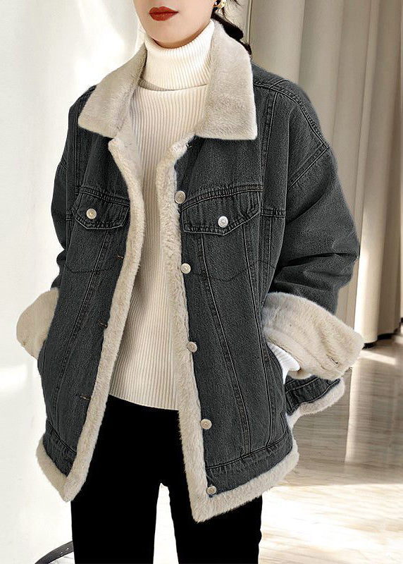 Light Blue Peter Pan Collar Pockets Warm Fleece Denim Coats Long Sleeve