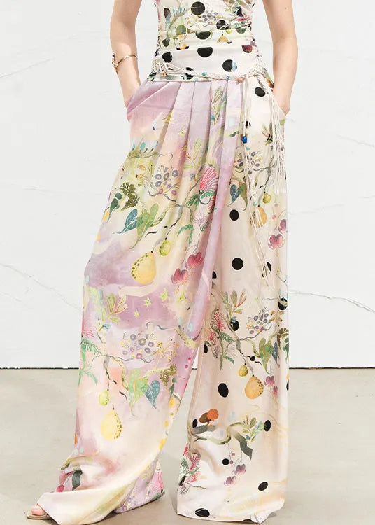 Pink Asymmetrical Print Silk Wide Leg Pants Summer