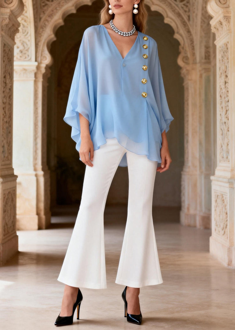 Style Blue V Neck Top and White Pants Silk Sets 2 Pieces Summer