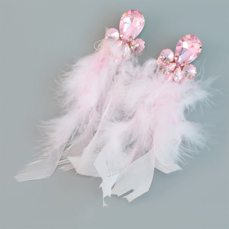 Alloy Inlaid Tassel Long Feather Earrings