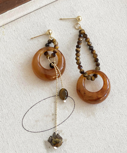 Brown Alloy Gem Stone Petal Tassel Asymmetric Drop Earrings
