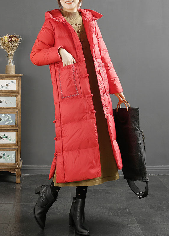 Fine Red Embroideried Side Open Button Duck Down Hooded Down Coat Long Sleeve