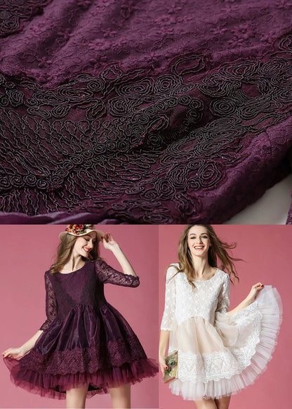 White Patchwork Lace Organza Day Dress O-neck Exra Large Hem Summer