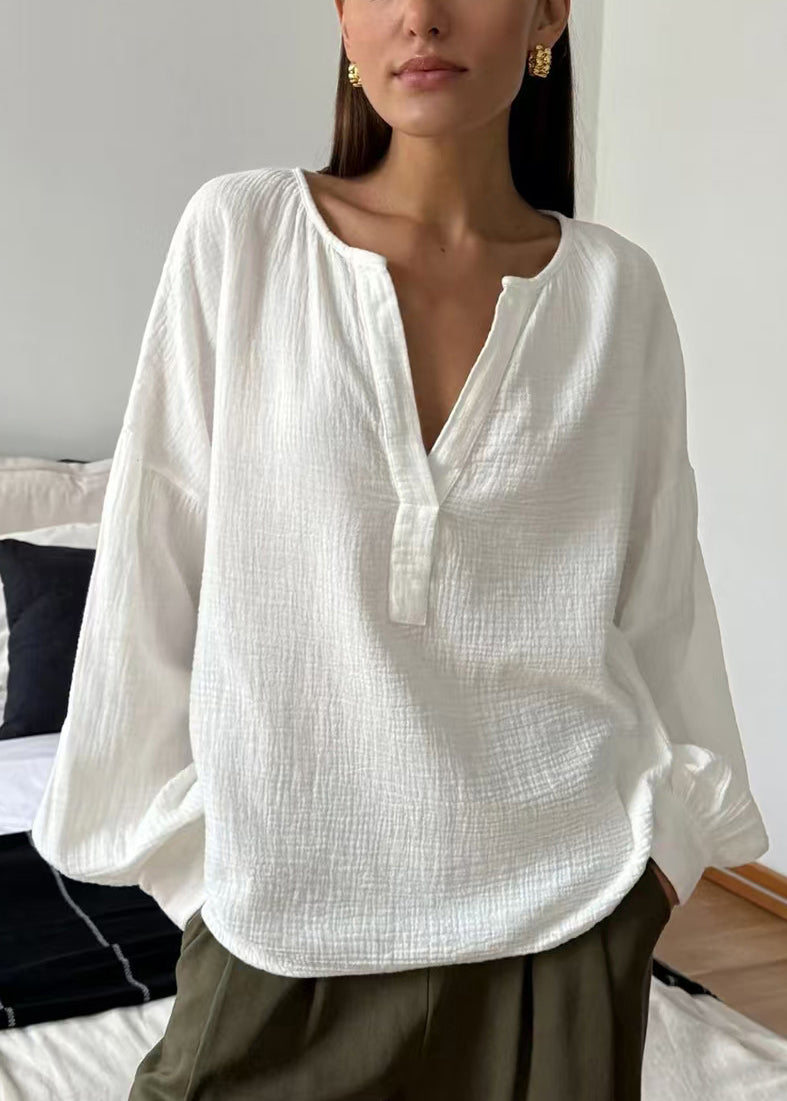 White V Neck Cotton Shirt Fall