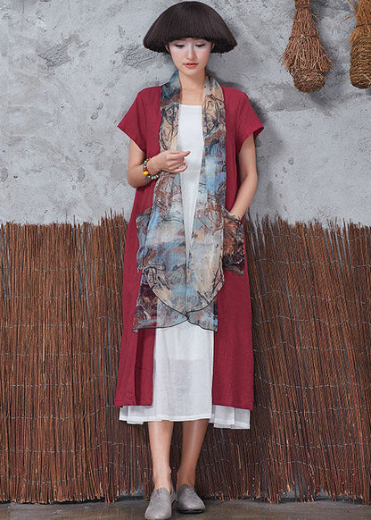 Red Patchwork Scarf Collar Cotton Cardigans Short Sleeve