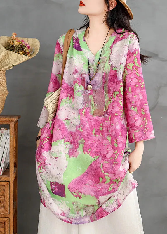 V Neck Print Cotton Mid Dresses Bracelet Sleeve