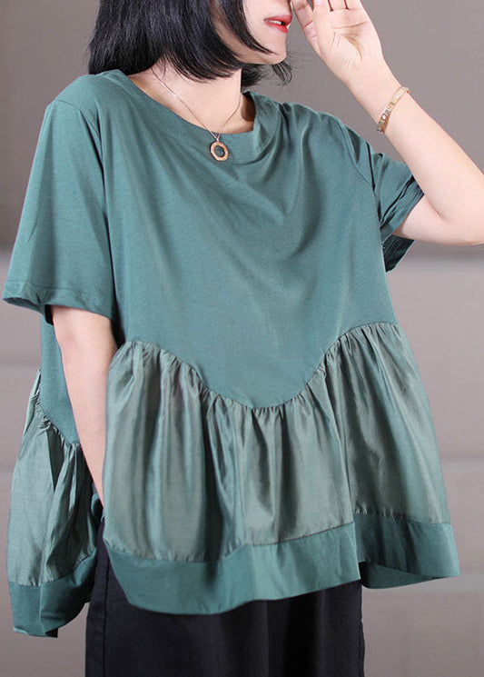 Green O-neck Patchwork Cotton Tank Tops Short Sleeve