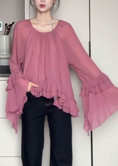 French Pink O-neck Ruffled Patchwork Chiffon Shirts Flare Sleeve