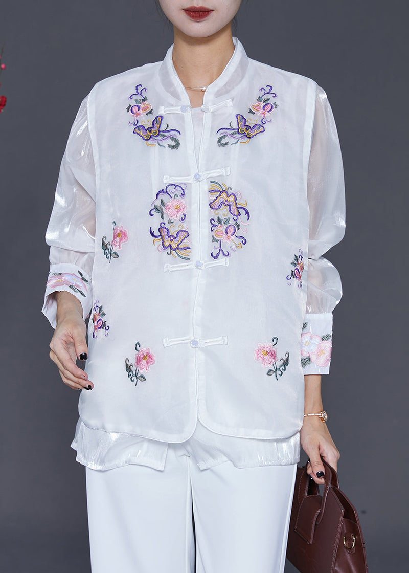 White Embroideried Chinese Button Silk Two Pieces Set Fall