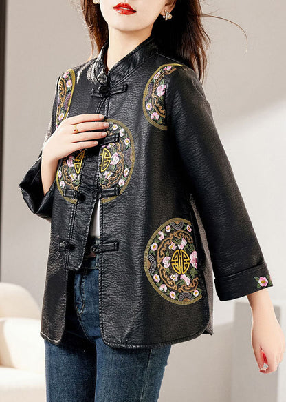 Black Stand Collar Embroideried Button Faux Leather Coats Fall