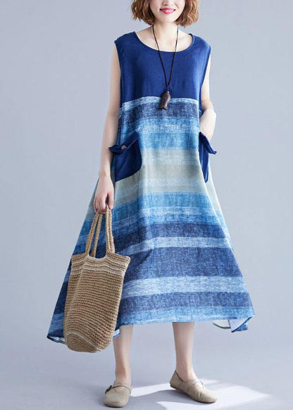 Diy Blue Patchwork Striped O-neck Summer Cotton Dress