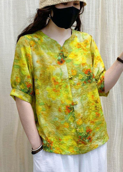 Yellow Print Wrinkled Linen Shirt Top Short Sleeve