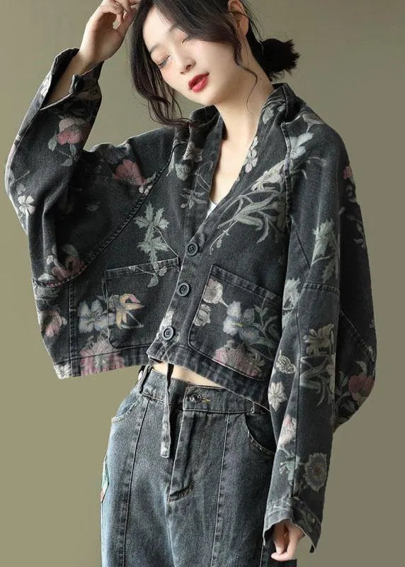 Italian Blue Print Denim Long Sleeve V Neck Top