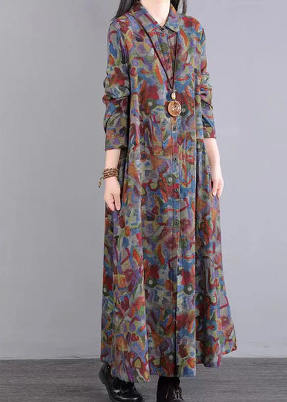 Red Print Peter Pan Collar Pockets Patchwork Cotton Dresses Fall
