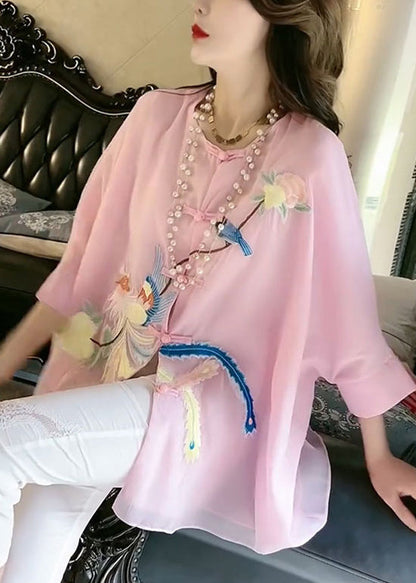 Fine Pink O-neck Embroideried Button Silk Shirt Summer