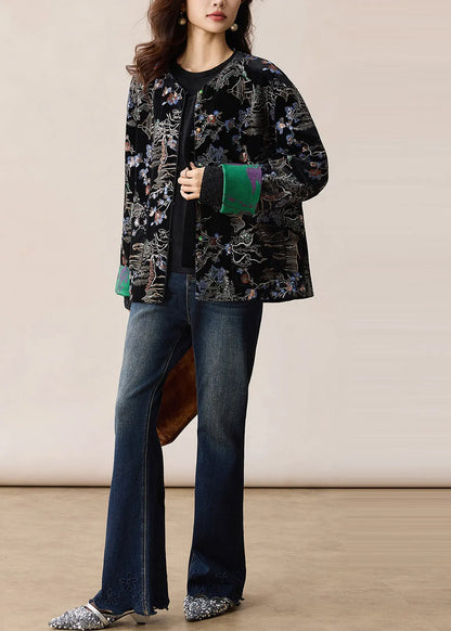 Black Embroidered Sequins Silk Velvet Coats Winter