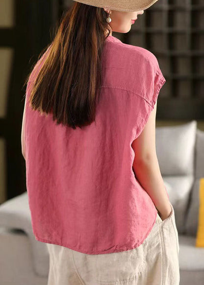 Rose V Neck Pocket Linen Tops Summer