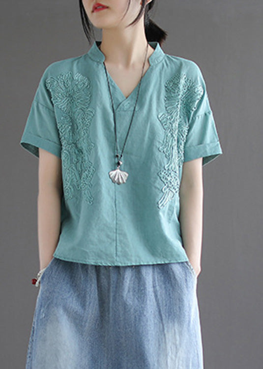 Organic Blue V Neck Embroideried Low High Design Shirts Summer