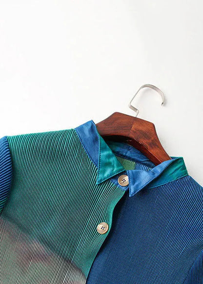 Slim Fit Blue Green Peter Pan Collar Wrinkled Gradient Color Shirt Dress and Straight Pants Two Pieces Set Fall