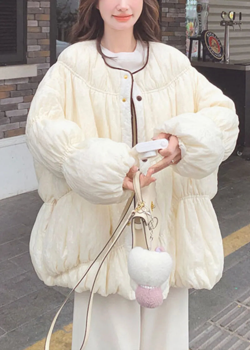 Loose Beige O Neck Button Pockets Duck Down Down Coat Lantern Sleeve