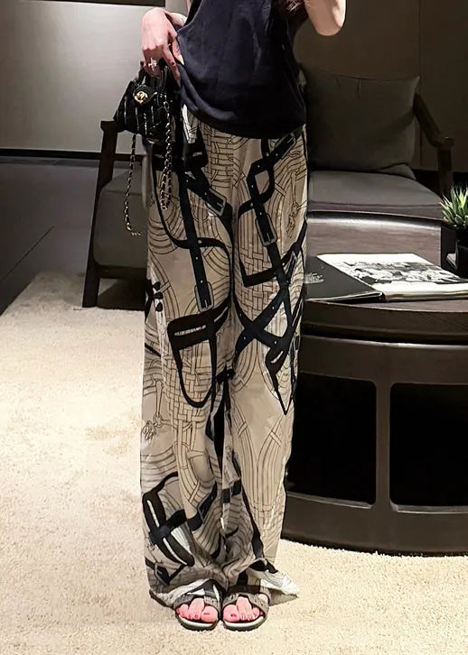 New White Print Thin High Waist Silk Pants Summer