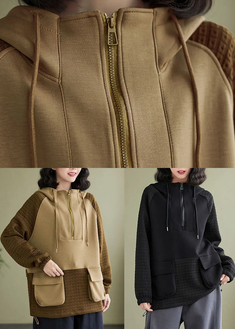 Stylish Coffee Pockets Zippered Patchwork Hooded Pullover Fall