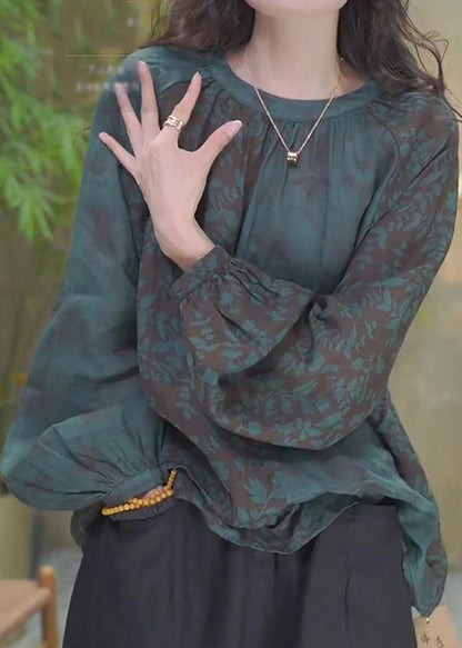Blackish Green O Neck Print Cotton Top Lantern Sleeve