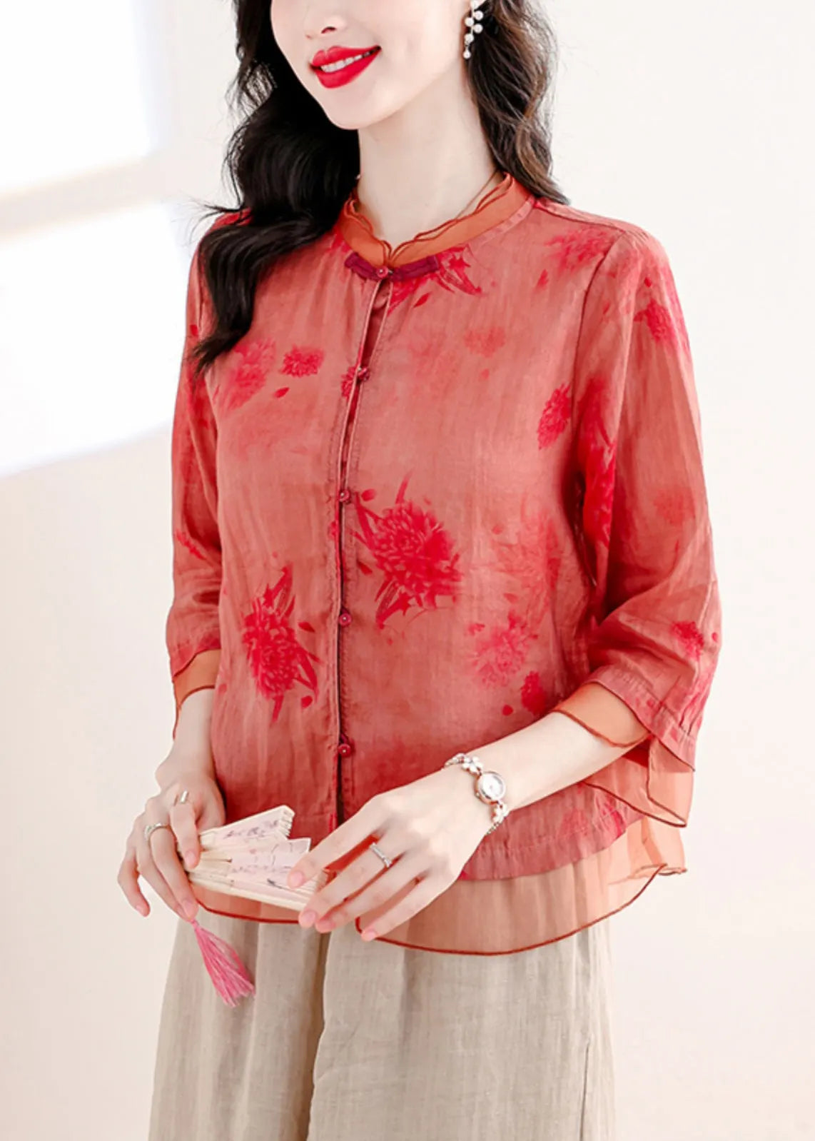 Red Print Tops and Pants Linen Two Pieces Set Summer
