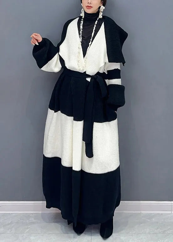Loose White Tie Waist Pockets Patchwork Cotton Knit Long Trench Coat Spring