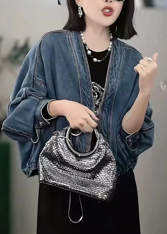 Style Blue Oversized Denim Cardigan Batwing Sleeve Fall